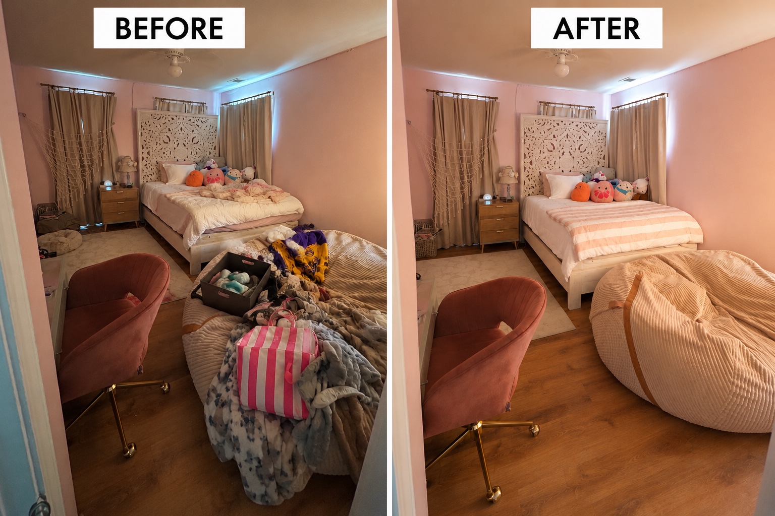 Bedroom before and after cleaning and tidying
