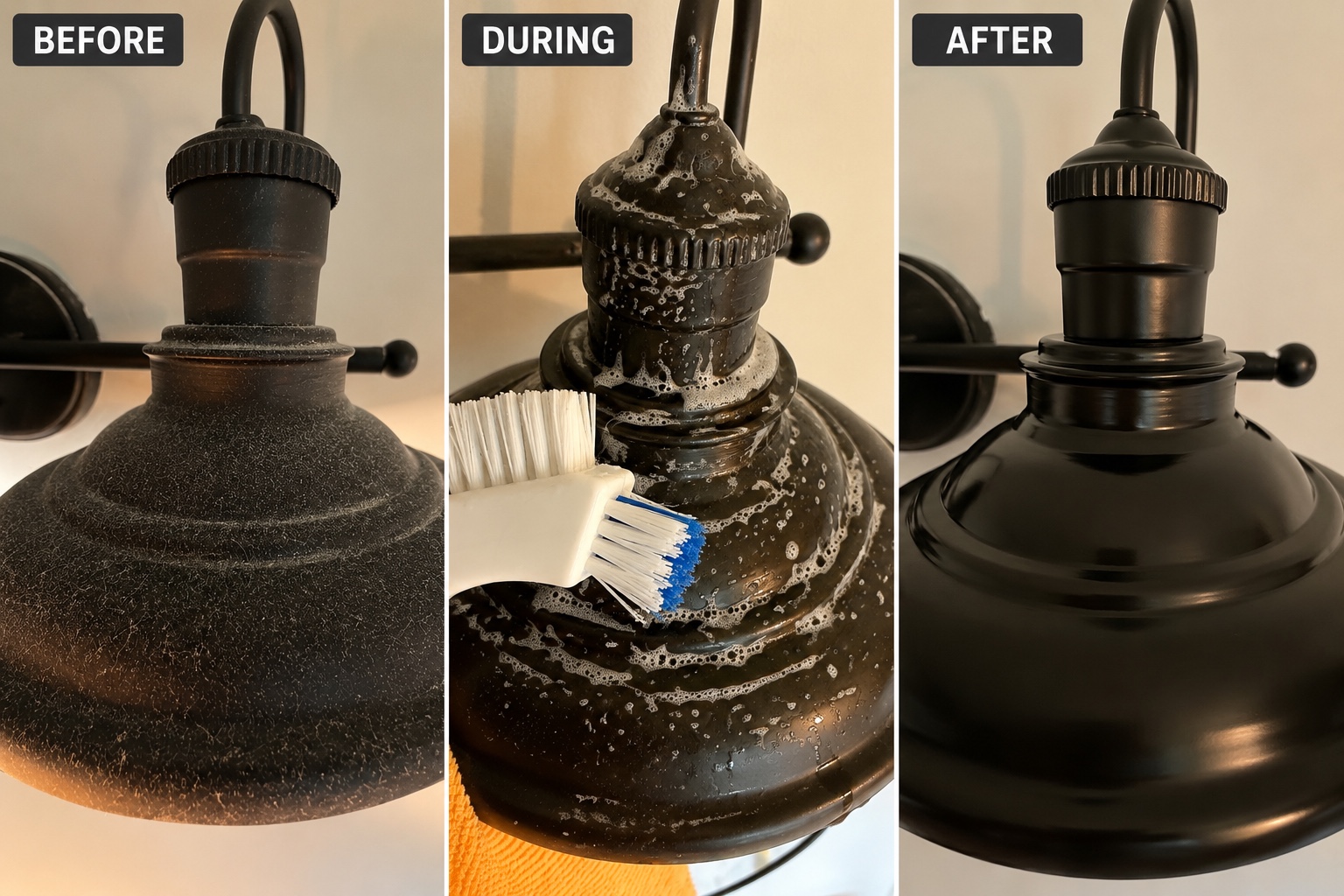 Light fixture before, during, and after cleaning