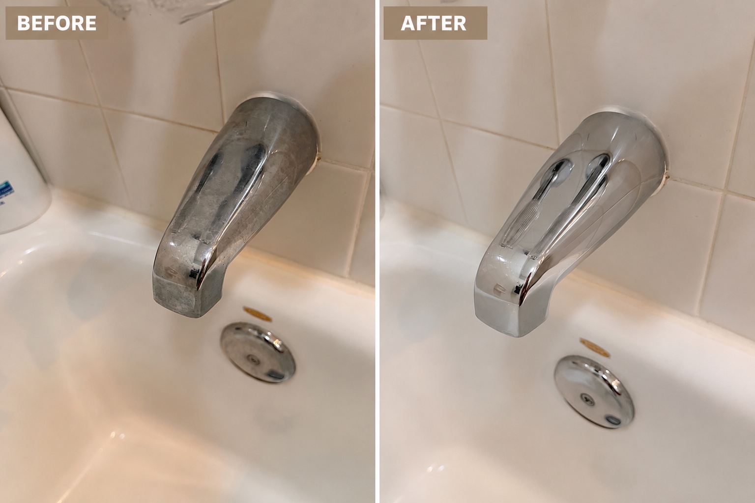 Bathtub fixture before and after cleaning
